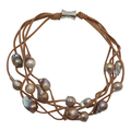 Five Strand Tan Suede Pearl Necklace Multi on Tan