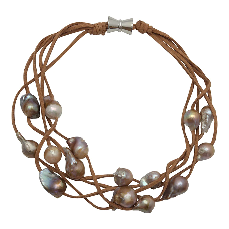 Five Strand Tan Suede Pearl Necklace Multi on Tan