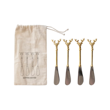 Load image into Gallery viewer, Brass and Stainless Steel Canape Knives Set of Four - Deer
