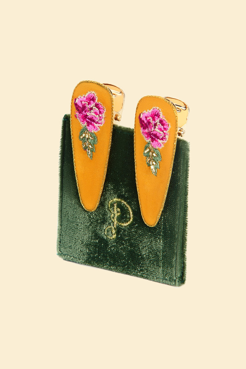 Powder UK Embroidered Hair Clips  - Mustard Peony
