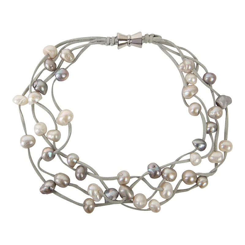 Fawn Suede Four Strand Multi Pearl Necklace